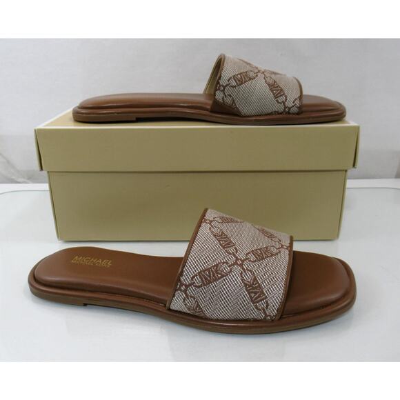 Michael Kors Hayworth Empire Logo Jacquard Slide Sandal Natural Luggage Size 7.5 - Picture 3 of 7